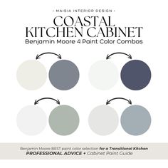 the coastal kitchen cabinet paint color combo is shown in four colors, including blue and white