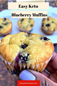 blueberry muffins with text overlay reading easy keto blueberry muffins