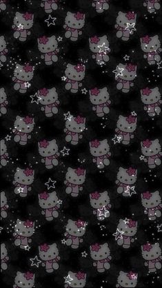 an image of hello kitty wallpaper with stars and bows on black background in the dark