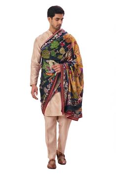 Black kalamkari embroidered shawl in wool and silk base. - Aza Fashions Multicolor Chanderi Sherwani For Designer Wear, Designer Multicolor Chanderi Sherwani, Designer Traditional Drape Kalamkari Kurta, Designer Wear Traditional Drape Kurta With Kalamkari Print, Traditional Festive Sherwani With Kalamkari Print, Traditional Kalamkari Print Sherwani For Festive Occasions, Multicolor Sherwani With Resham Embroidery In Chanderi Fabric, Multicolor Chanderi Sherwani For Eid, Multicolor Chanderi Sherwani Straight Kurta