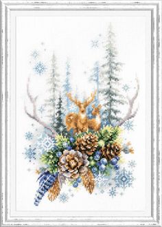 a cross stitch pattern with a deer and pine cones