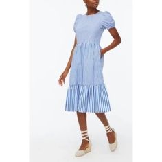 J. Crew Cotton Blue White Striped Puff Sleeve Tiered Midi Preppy Dress Sz 6 Nwt Arm Pit To Arm Pit 16 Inches Across Approximately Length 44 Inches Approximately *Inked Marked Line Through Tag Label To Avoid In-Store Return. Casual Blue Midi-length Puff Sleeve Dress, Casual Blue Midi Puff Sleeve Dress, Blue Puff Sleeve Dress For Summer Workwear, Blue Puff Sleeve Dress For Spring Workwear, Blue Puff Sleeve Dress For Work In Spring, Blue Cotton Puff Sleeve Knee-length Dress, Blue Cotton Puff Sleeve Midi Dress, Blue Cotton Midi Dress With Puff Sleeves, Preppy Dress