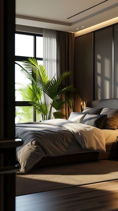 a large bed sitting in a bedroom next to a window