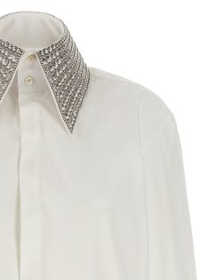 Cotton poplin shirt with button closure, pointed collar embellished with crystal appliqués. Composition: 100% cotton | Balmain Men's Jewel Collar Shirt in White | FW23/24 Luxury Embellished Formal Top, Luxury Embellished Tops For Formal Occasions, Designer Top With Fold Down Collar And Buttons, Luxury Embellished Long Sleeve Tops, Luxury Long Sleeve Embellished Tops, Designer Collared Shirt, Designer Cotton Button-up Blouse, Luxury Collared Blouse, Collared Cotton Blouse For Party