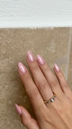 gel nails, nail inspo, pink nails, sparkle nails, glitter Simple Pink Nails With Glitter, Natural Almond Acrylic Nails Sparkle, Plain Sparkle Nails, Pink Glitter Nails Ideas, Light Pink With Glitter Nails, Cute Pink Sparkly Nails, Pink Nails With Shimmer, Pink With Sparkle Nails, Bubble Bath Glitter Nails