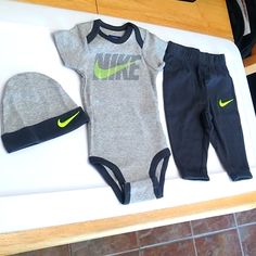 Nike Baby 3-Piece Box Set, Black/Gray, 0-6 Months, New In Box, Nwot Onesie With Snaps, Sweatpants, Cap Nike Swoosh In Neon Green 100% Cotton Host Pick By @Sveta777 Kid Outfits, Baby Nike, Baby Outfit, Nike Swoosh, Kids Nike, Nike Outfits, Box Set, Neon Green, Baby Boy Outfits