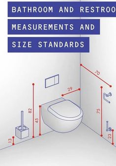 bathroom and restroom measurements and size standards in blue text on white background with red lines