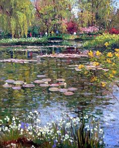 a painting of water lilies and trees