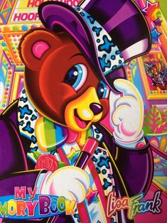 a painting of a bear wearing a top hat and holding a candy bar in his hand