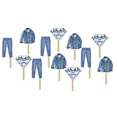 a set of six blue jeans and jackets on top of toothpicks with diamonds