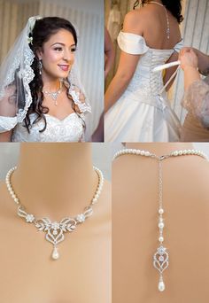 Bridal Necklace Wedding Back drop Necklace Pearl by CrystalAvenues Wedding Earrings Pearl, Bridal Pearl Necklace, Bridal Jewelry Set, Pearl Jewelry Wedding, Necklace Bridal, Back Drop, Pearl Bridal, Necklace Wedding, Necklace Pearl