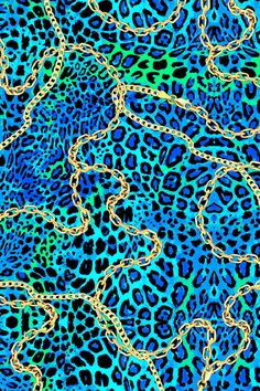 blue and yellow leopard print fabric with chains on the bottom, in an abstract manner