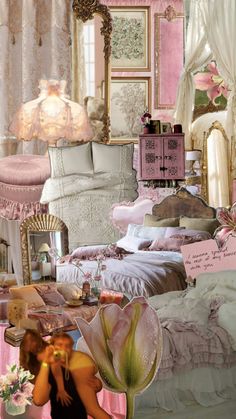 a collage of pink and white bedroom furniture with flowers in vases on the floor