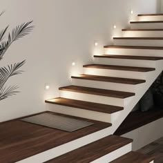 some lights are lit up on the stairs