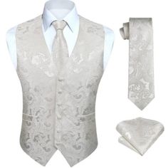 Pack Of 3pc Paisley Vest Setwaistcoat + Tie + Pocket Square; Same Paisley Floral Novely Pattern Design V Neck, 2 Pockets, 5 Button Front, And Adjuster Strap In The Back To Take In Or Let Out For A Proper Fit. Paisley Stitches Woven Jacquard Makes Waiscoat And Necktie More Durable And Wearable;Feeling The Exquisite Embroider When You Touch It. The Material Offers Comfortable And Soft Feeling Of Wearing, Wash By Hand Or By Machine, Non-Shrink, No Pilling Or Fade. Tie Width: 3.4 Inches(8.5cm) & Tie Elegant Winter Vest, Elegant Beige Winter Set, Elegant Beige Winter Clothing Set, Elegant Wedding Vest With Buttons, Elegant Beige Vest For Semi-formal Occasions, Paisley Tuxedo, Business Suit Vest, Mens Dress Vests, Elegant Vest