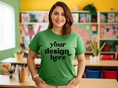 Embrace the joy of teaching and let your creativity shine with this cheerful and vibrant leaf green solid color t-shirt mockup specially designed for teacher and school themed designs! This mockup is perfect for showcasing your passion for teaching and spreading positivity to your students. **Please Note: This is a DIGITAL FILE. No physical item will be sent. This digital mockup is for a Bella Canvas 3001 Leaf Green Unisex Jersey T-Shirt. ** Item details: - One Leaf Green Solid Color Teacher Mod Casual Green T-shirt With Print, Green Basic Shirt With Letter Print, Basic Green Shirt With Letter Print, Green Crew Neck Top With Print, Casual Green Printed T-shirt, Green Short Sleeve Shirt With Branding, Green Text Print T-shirt For School, Green Cotton T-shirt With Print, Green Short Sleeve T-shirt With Custom Print