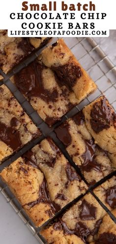 chocolate chip cookie bars on a cooling rack with the words, small batch chocolate chip cookies