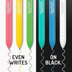 four different colored pens with the words even writes on black and one has an eraser attached to it