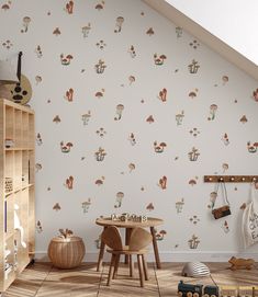 a child's playroom with toys and wallpaper on the walls, including a wooden table