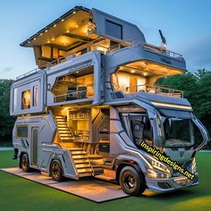 a bus that has been designed to look like a house with stairs on the roof