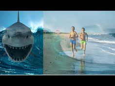 two pictures of people running on the beach and a shark swimming in the water with his mouth open