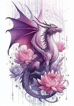 a purple dragon sitting on top of a pink flower