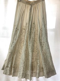 Elegant Embroidered Cotton Skirt, Elegant Cotton Skirt With Floral Embroidery, Elegant Cotton Skirt With Embroidery, Elegant Cotton Embroidered Skirt, Traditional Spring Dresses With Tiered Skirt, Traditional Tiered Skirt Dress For Spring, Flowy Skirt Dress With Lace Trim, Vintage Long Lace Skirt, Bohemian Lace Dress With Broderie Anglaise