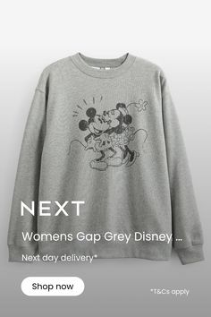 Soft comfy fleece. Dropped shoulder long sleeves with banded cuffs. Crewneck. Assorted Mickey Mouse and Minnie Mouse graphics at front. Banded hem. 55% Cotton, 40% Nylon, 5% Recycled polyester. Mickey Mouse And Minnie Mouse, Disney Mickey Mouse, Grey Sweatshirt, Disney Mickey, Favorite Things List, Minnie Mouse, Gap, Gray Color, Graphic Sweatshirt