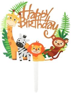 a happy birthday cake topper with animals and monkeys in the jungle, on a white background