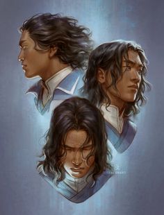 three different pictures of the same person with long hair and one without his head in profile