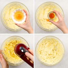 four pictures showing how to make an egg mixture in a mixing bowl with eggs and butter