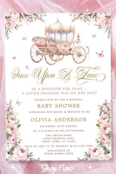 Step into a realm of regal elegance with our Once Upon A Time Princess Carriage Baby Shower Invitation! This exquisite design is centered around a stunning blush pink and gold carriage, symbolizing the arrival of a little princess. Delicate blush pink roses grace the edges, adding a touch of sophistication and natural beauty. A Princess Is On Her Way, Princess Diaries Baby Shower Theme, Once Upon A Time Invitations, A Little Princess Is On Her Way, Once Upon A Time Party Theme, Once Upon A Baby Shower Ideas, Disney Princess Baby Shower Theme, Cinderella Baby Shower Theme, Sleeping Beauty Baby Shower Theme