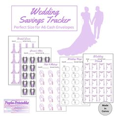 the wedding savings tracker is shown in purple and white, with images of bride and groom