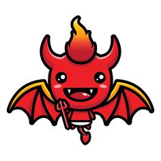 a red devil with horns and wings on it's head