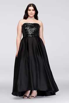 Formal with a glam twist, this subtly high-low plus-size satin ball gown is topped with a glitzy sequined bodice. Side pockets hold your phone and lipstick for touch-ups. By Cachet Poly Long Black Dress Formal, Plus Size Black Dresses, Long Sequin Dress, Prom Dresses Gowns, Black Dress Formal