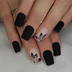 Black nails ideas Best Simple Nail Designs, Cute Nail Designs Flowers, Matt Blue Nails Design, Black And White Nails With Flowers, Natural Nails With Black Design, Black Nail Designs With Flowers, Black Summer Nails Designs, Ring Finger Design Nails, Black Flowers Nails