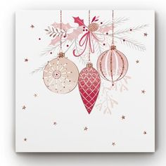 three ornaments hanging from a christmas tree on a white background with stars and snowflakes