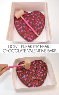 two pictures showing how to make a heart shaped chocolate valentine's day bark cake