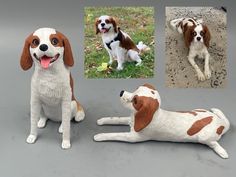 two small dogs sitting next to each other on top of a cement ground and one is laying down