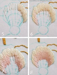 four pictures showing how to sew an ornament in different colors and sizes