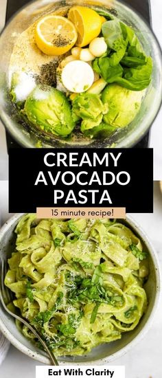 creamy avocado pasta in a bowl with lemons and spinach on the side