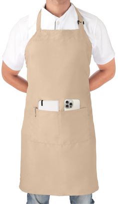 a man wearing an apron with two cell phones attached to it's back pocket