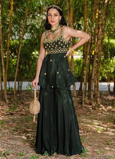 Dark Green Aaisha Peplum Kurta and Sharara Set Rashika Sharma - Fabilicious Fashion Dark Green Sharara, Sharara Designs For Wedding, Velvet Sharara, Chiffon Sharara, Choker Dupatta, Indian Garments, Kurta And Sharara Set, Green Sharara, Designer Sharara Suits