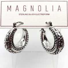 Gorgeous Magnolia 925 Sterling Silver Hoops Earrings. * 925 Sterling Silver * Weight: 8 Grams * Size (Approx.): 25 Mm X 10 Mm * Sterling Silver Electroform * Brand New With Tag * Made In Thailand Thank You For Your Business. Formal Sterling Silver Nickel-free Hoop Earrings, Formal Nickel-free Sterling Silver Hoop Earrings, Anniversary Hoop Earrings In Sterling Silver, Classic Hoop Earrings Stamped 925 For Anniversary, Classic 925 Stamped Hoop Earrings For Anniversary, Elegant Hoop Earrings Stamped 925, Elegant Stamped 925 Hoop Earrings For Formal Occasions, Elegant Formal Hoop Earrings Stamped 925, Elegant Everyday Hoop Earrings Stamped 925