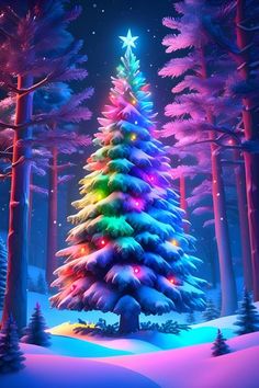 a brightly colored christmas tree in the middle of a snowy forest with stars on it