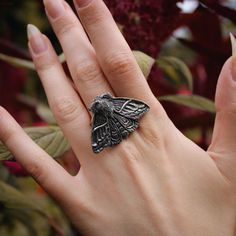 Moth Diamond Ring, Adjustable Silver Gothic Rings, Witchy Rings Silver, Moth Ring, Gothic Moth, Lunar Moth Jewelry, Moth Jewelry, Witch Ring, Silver Butterfly Ring