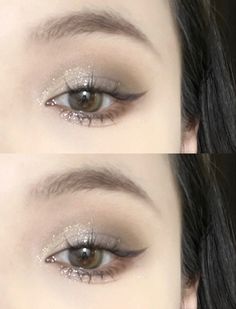 Makeup Inspo For Graduation, Korean Silver Makeup, Dark Silver Eye Makeup, Coquette Eye Makeup, Coquette Eyeshadow, Grey Eyeshadow Looks, Silver Eyeshadow Looks, Silver Glitter Makeup, Black Smokey Eye Makeup