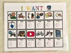 Pictures may be changed or switched out with different ones to fit your needs... Message us, We are always here to help! Visit us at AvaHasAutism.store for more great products!  PCS I Want chart is a quick and simple way to show what your child wants without frustration. Sized to fit in a binder or folder 8.5 x 11 inches, printed on cardstock and laminated. I Want....Please chart is a great tool for young children, speech therapy, autism, and special needs. Simply move the pointer, attached by h Speech Therapy Activities Preschool, Asd Classroom, Communication Games, Visual Schedules, Special Needs Mom, Social Emotional Learning Activities, Living Skills, Class Organization, Visual Aid