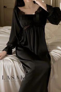 Lasaky - Charming Womens Vintage-Style Long Satin Lace Nightgown Sleepdress for Elegantly Comfortable Nights Ulzzang Outfit, Black Nightgown, Lace Nightgown, Vintage Nightgown, Details Pictures, Vintage Gowns, Nightgowns For Women, Crewneck Dress, Word Wrap