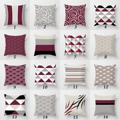 pillows with different designs on them and numbers in the bottom right hand corner are shown